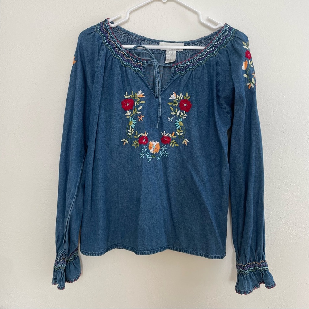 Vintage 90s Embroidered Floral Denim Blue Women's Top